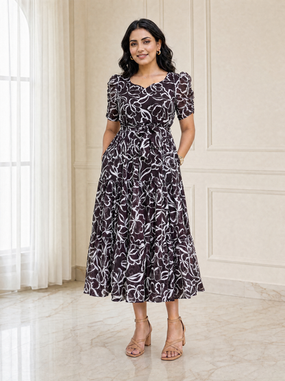 Ashley Brown Floral Ruched Sleeve Chiffon Dress