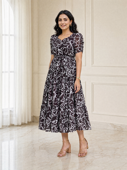 Ashley Brown Floral Ruched Sleeve Chiffon Dress