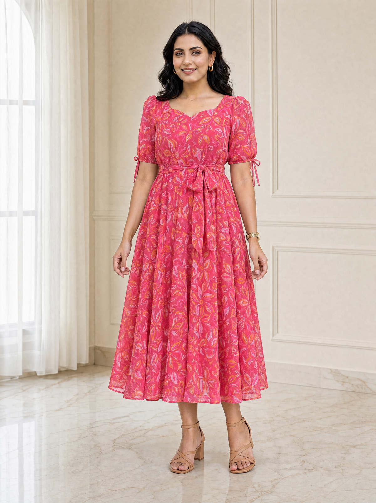 Faye Pink Abstract Print Puff Sleeve Dress