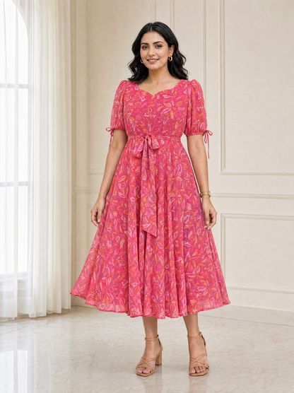 Faye Pink Abstract Print Puff Sleeve Dress