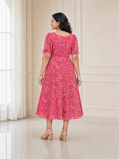 Faye Pink Abstract Print Puff Sleeve Dress