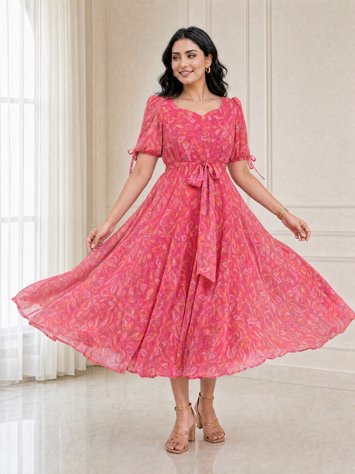 Faye Pink Abstract Print Puff Sleeve Dress