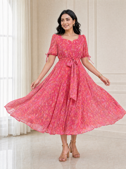 Faye Pink Abstract Print Puff Sleeve Dress