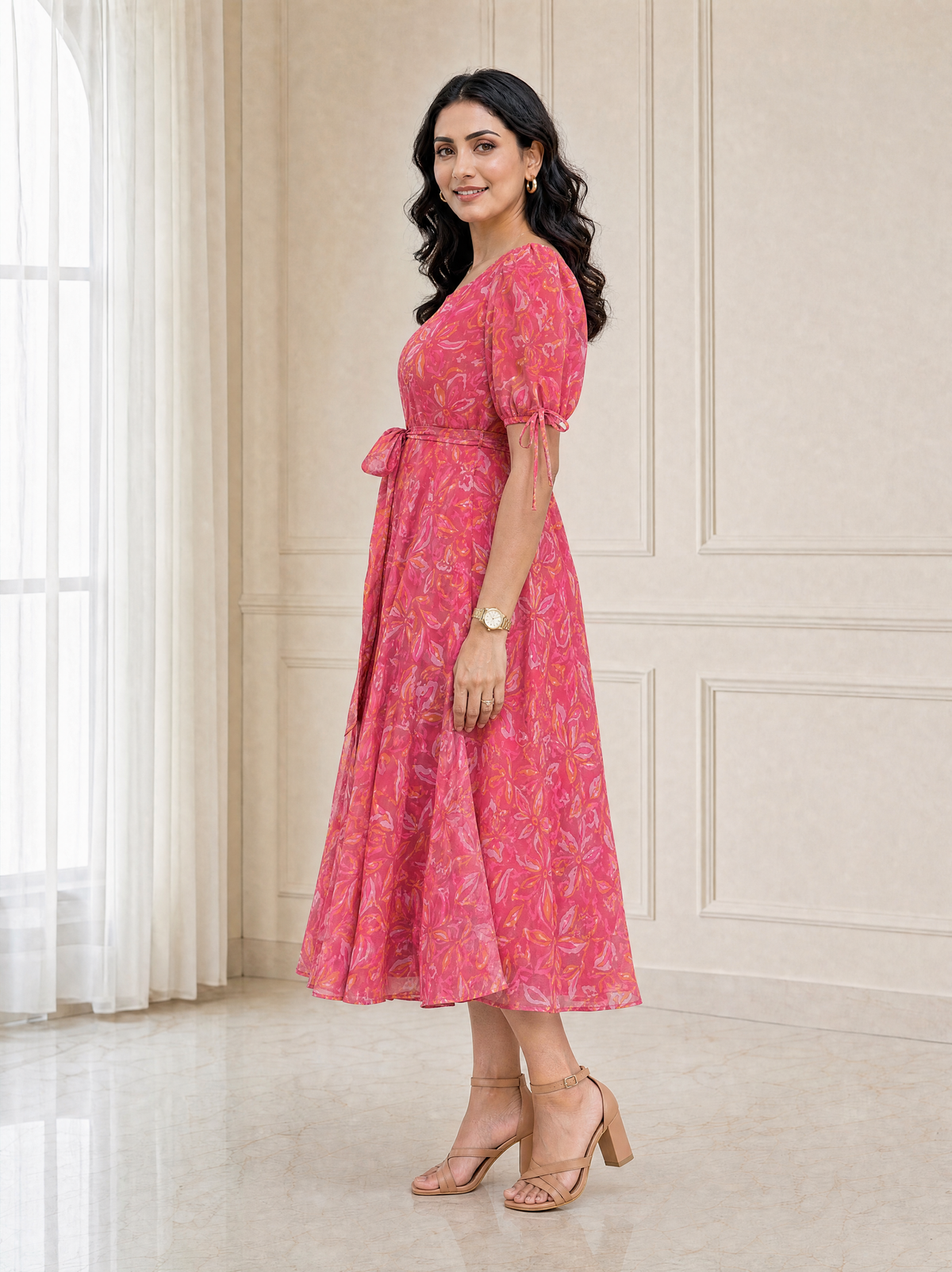 Faye Pink Abstract Print Puff Sleeve Dress