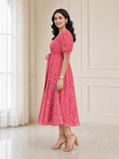 Faye Pink Abstract Print Puff Sleeve Dress