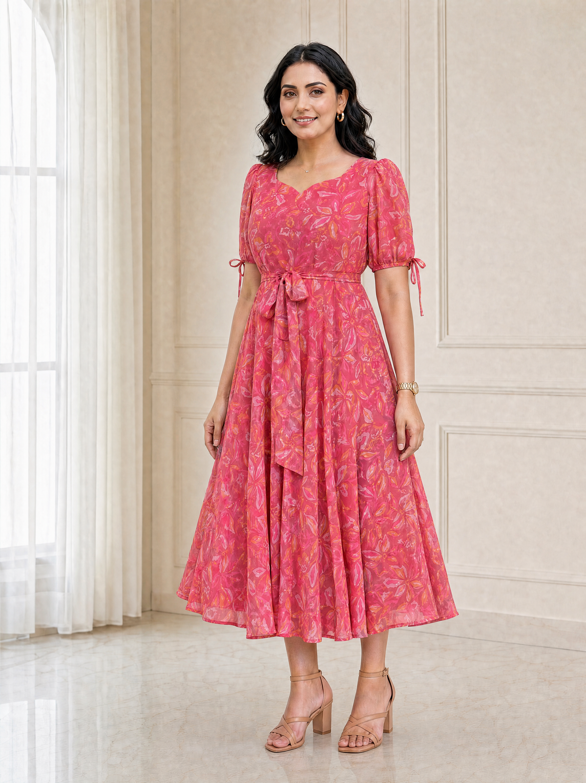 Faye Pink Abstract Print Puff Sleeve Dress