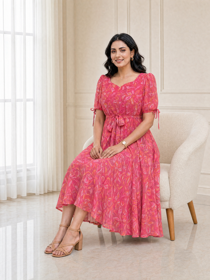 Faye Pink Abstract Print Puff Sleeve Dress