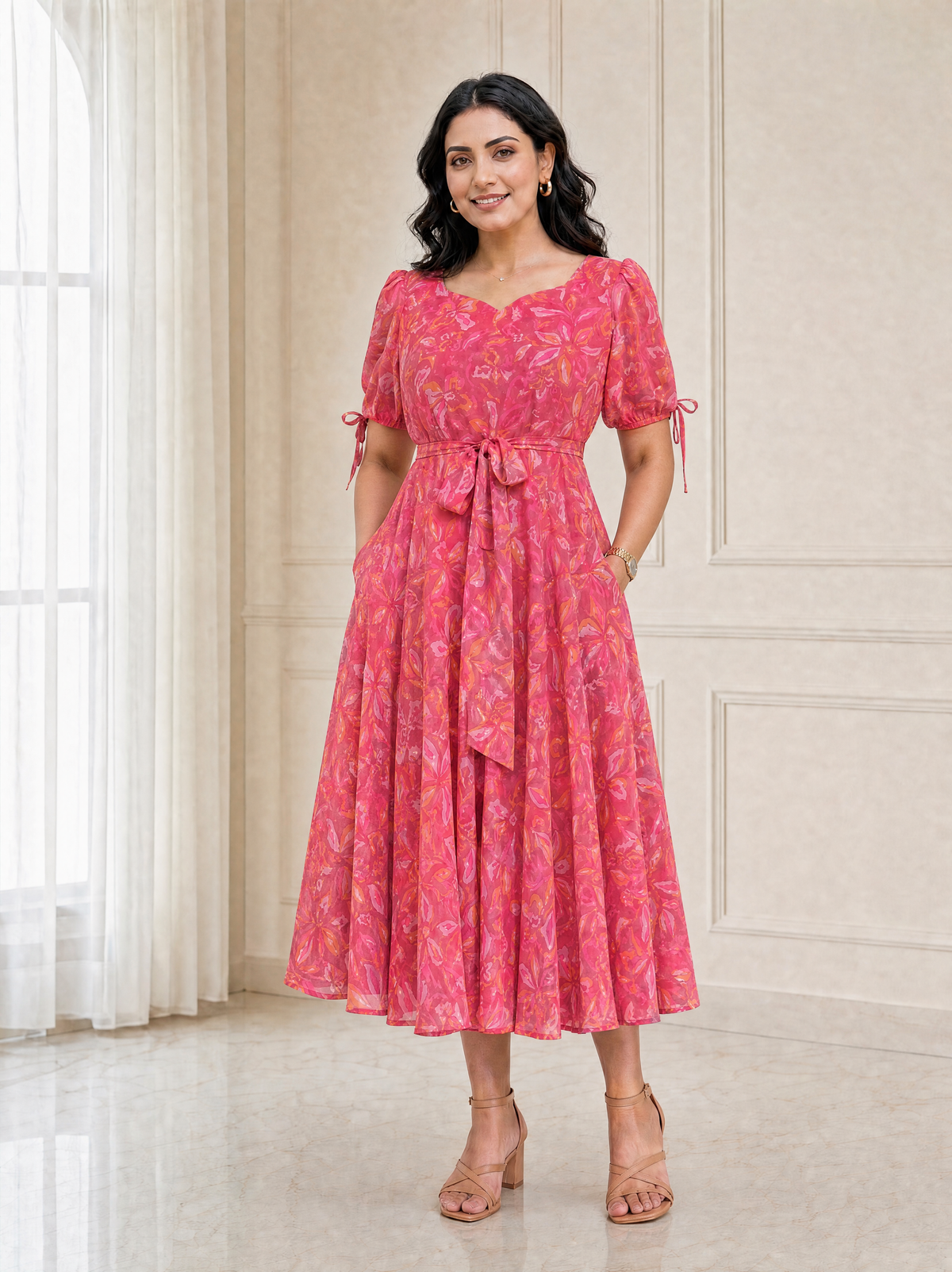 Faye Pink Abstract Print Puff Sleeve Dress