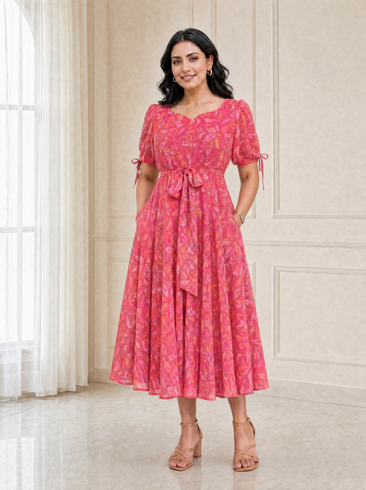 Faye Pink Abstract Print Puff Sleeve Dress