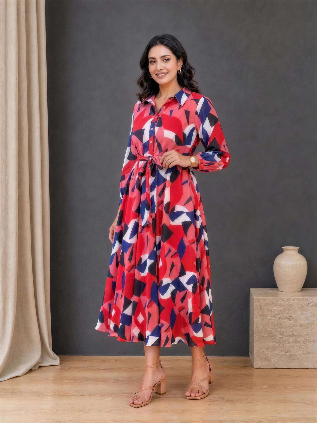Harper Geometric Print Collared Georgette Dress