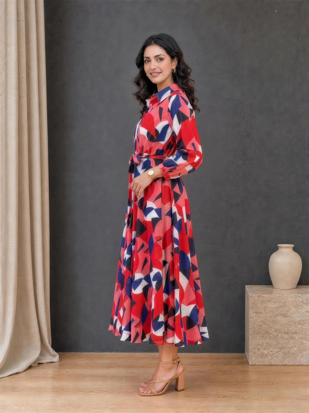 Harper Geometric Print Collared Georgette Dress