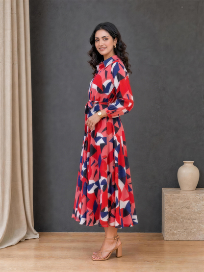 Harper Geometric Print Collared Georgette Dress