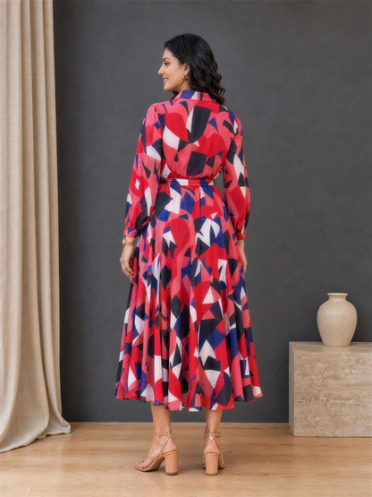 Harper Geometric Print Collared Georgette Dress