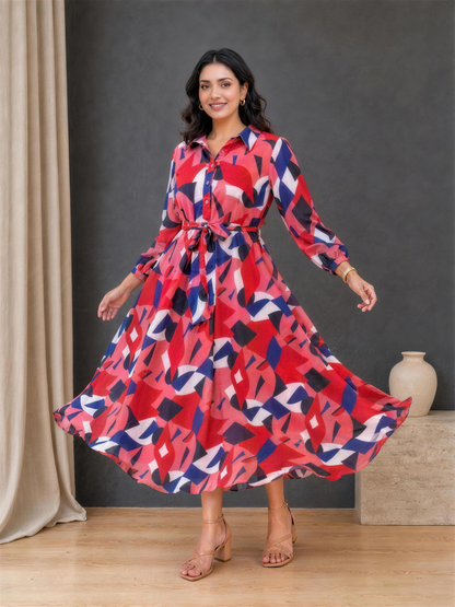 Harper Geometric Print Collared Georgette Dress
