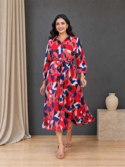 Harper Geometric Print Collared Georgette Dress