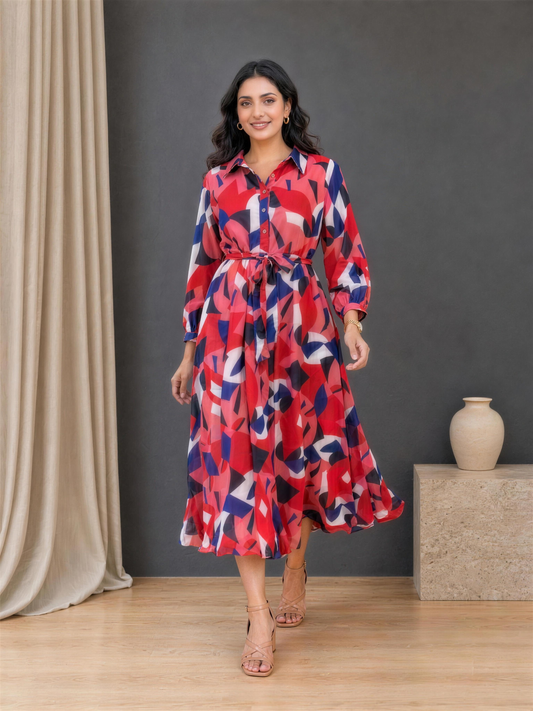 Harper Geometric Print Collared Georgette Dress