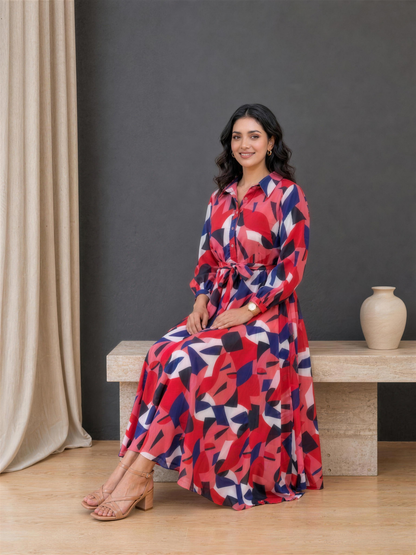 Harper Geometric Print Collared Georgette Dress