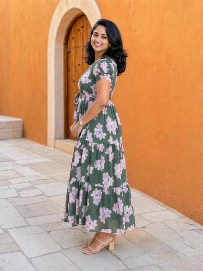 Daphne Green Floral Puff Sleeve Tiered Dress