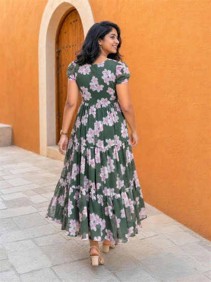 Daphne Green Floral Puff Sleeve Tiered Dress