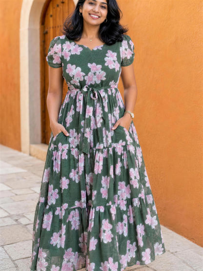 Daphne Green Floral Puff Sleeve Tiered Dress