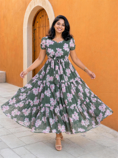 Daphne Green Floral Puff Sleeve Tiered Dress