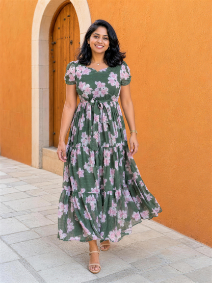 Daphne Green Floral Puff Sleeve Tiered Dress