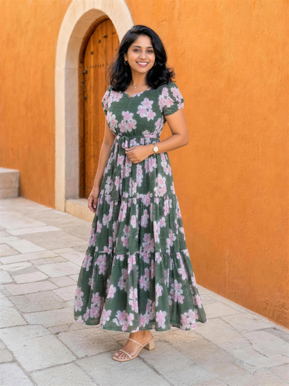 Daphne Green Floral Puff Sleeve Tiered Dress