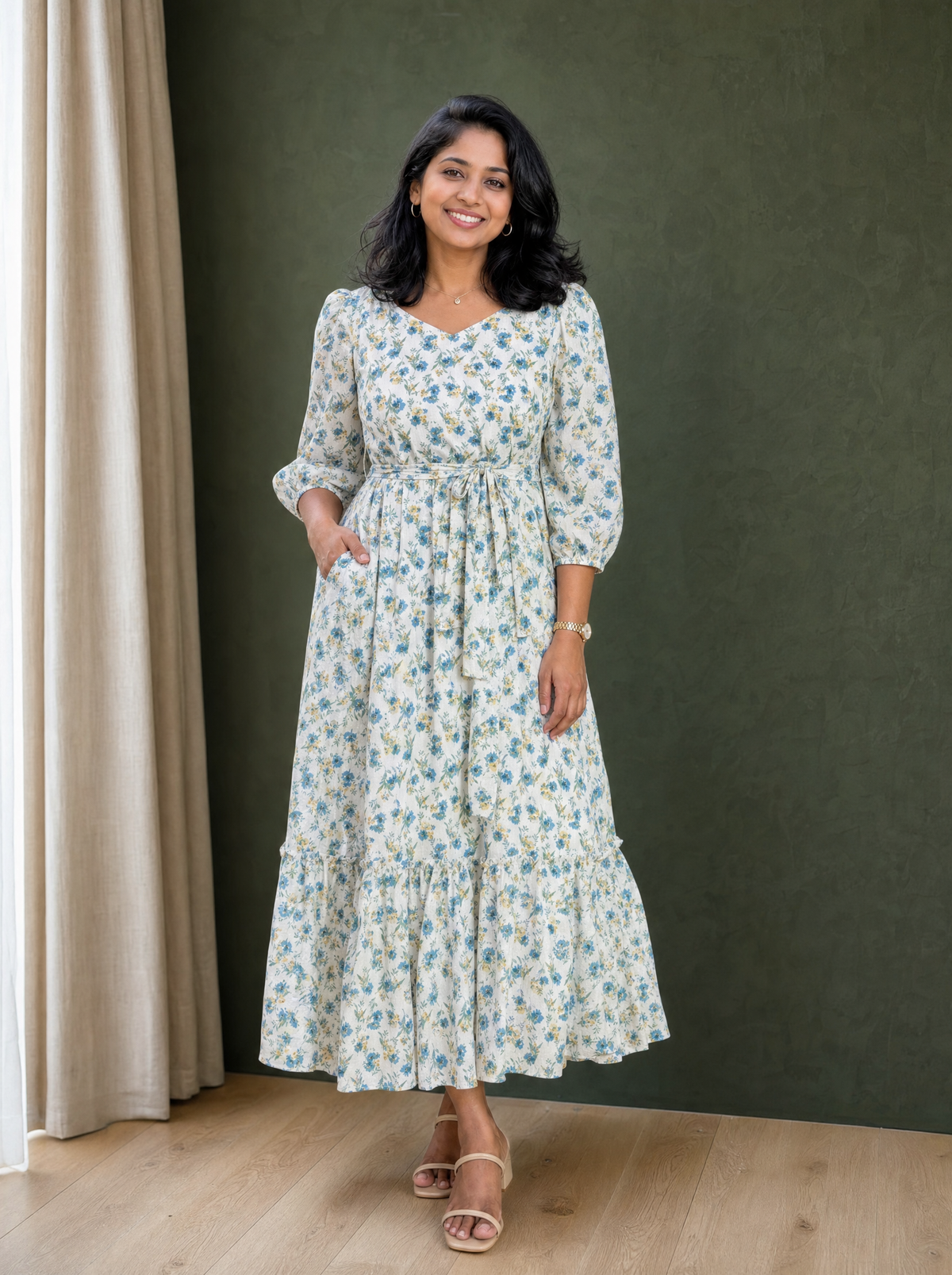 Lucille Ivory Blue Floral Tiered Dress