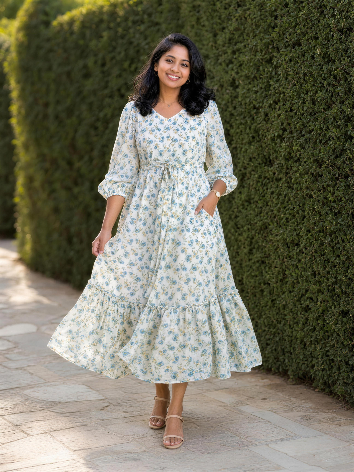 Lucille Ivory Blue Floral Tiered Dress