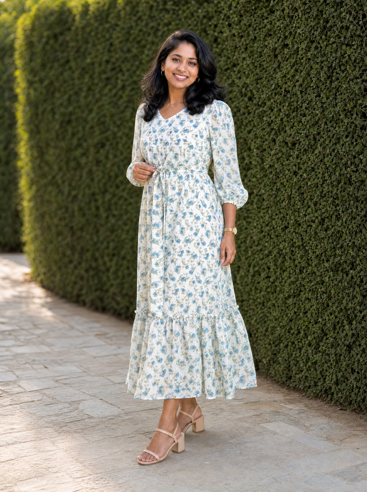 Lucille Ivory Blue Floral Tiered Dress