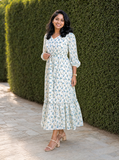 Lucille Ivory Blue Floral Tiered Dress