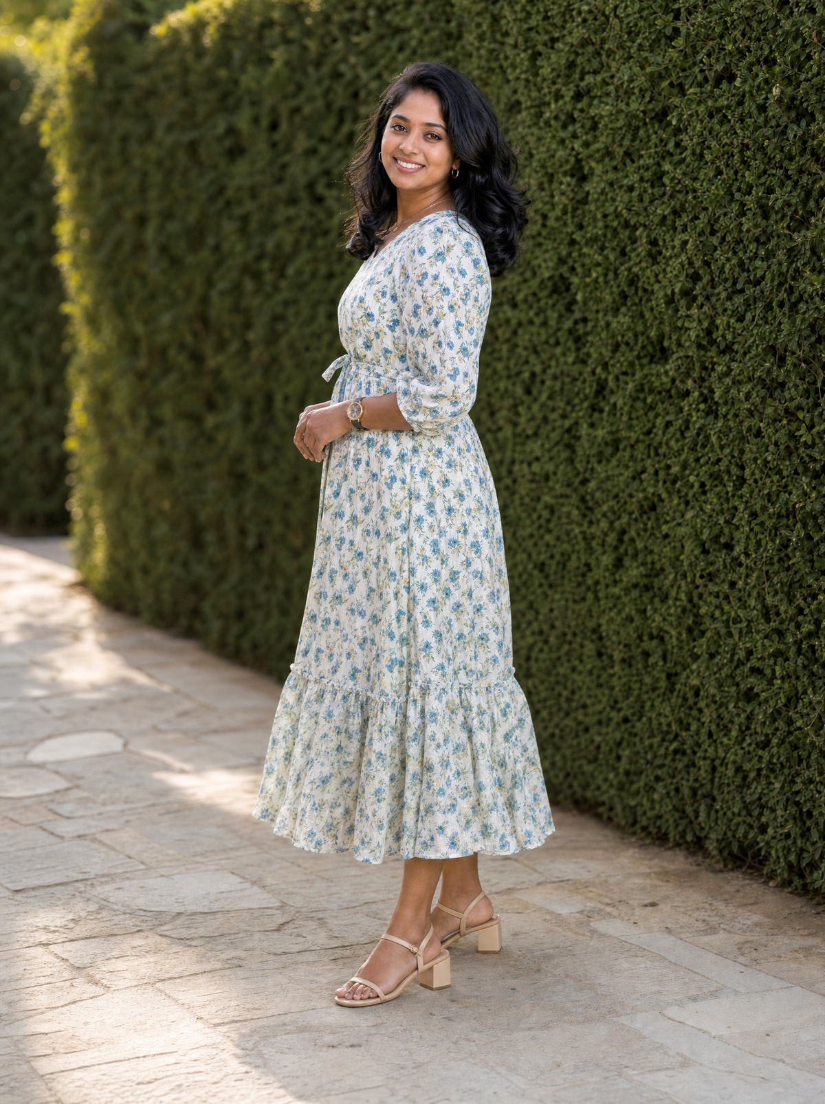 Lucille Ivory Blue Floral Tiered Dress