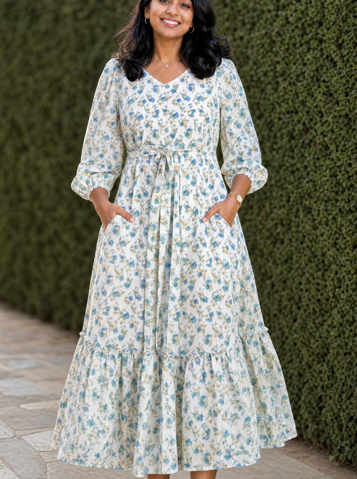 Lucille Ivory Blue Floral Tiered Dress
