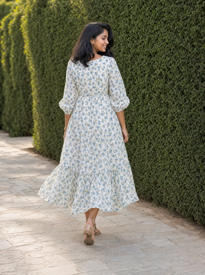 Lucille Ivory Blue Floral Tiered Dress