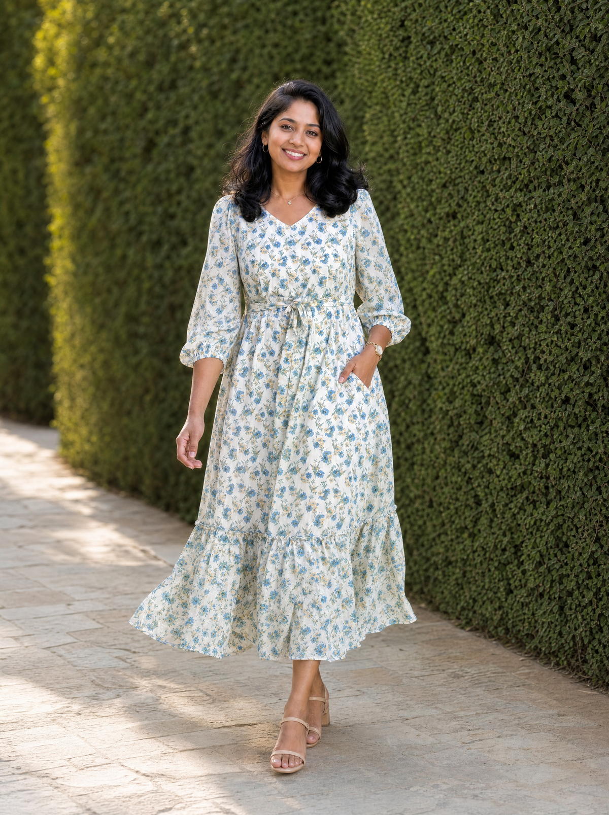 Lucille Ivory Blue Floral Tiered Dress
