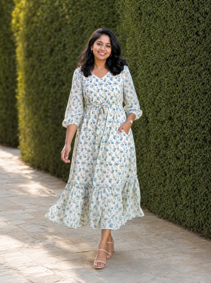 Lucille Ivory Blue Floral Tiered Dress