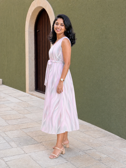 Lilia Pastel Pink Wave Print Sleeveless Dress