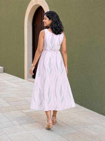 Lilia Pastel Pink Wave Print Sleeveless Dress