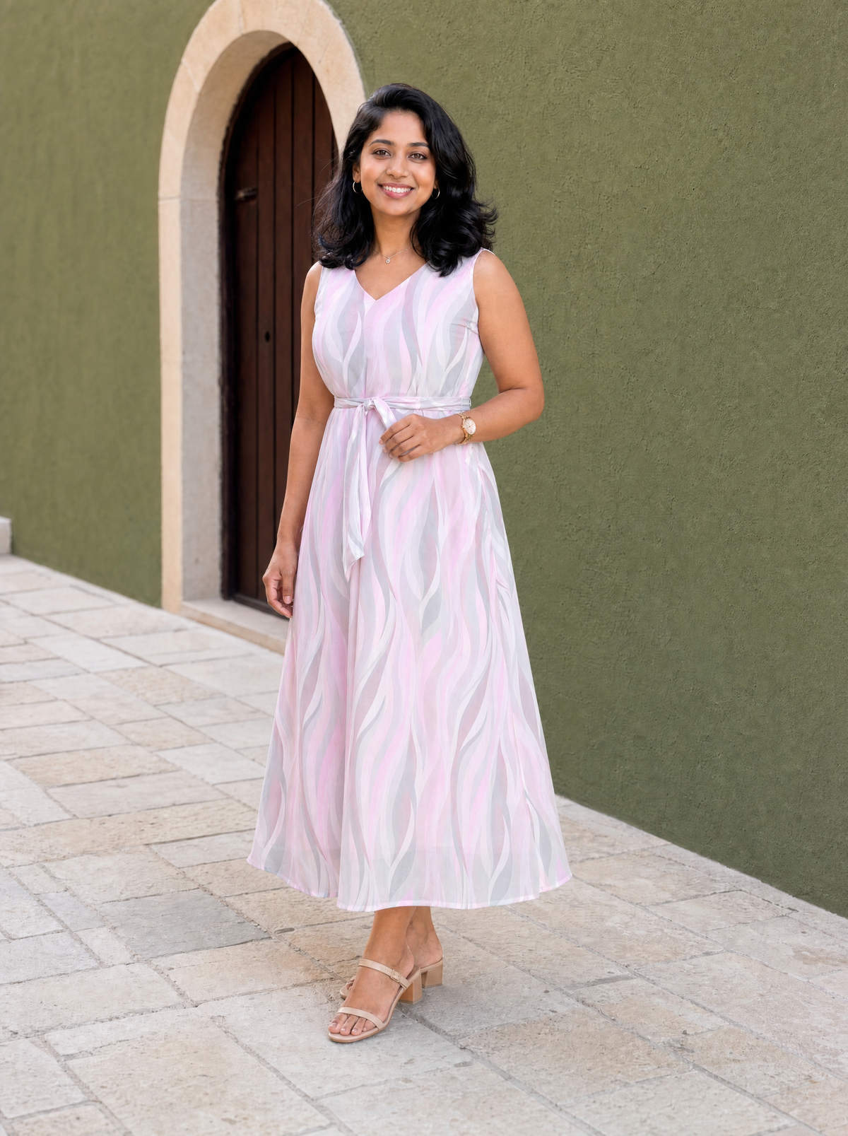 Lilia Pastel Pink Wave Print Sleeveless Dress