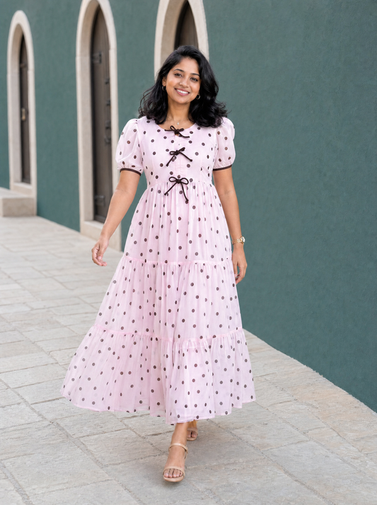 Maribel Blush Pink Polka Dot Chiffon Midi Dress