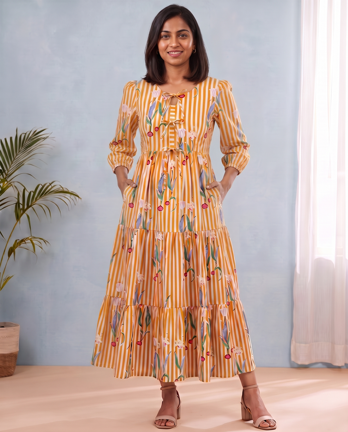 Yellow dahlia 3 tiered Dress