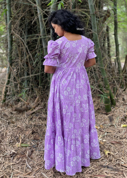 Abigail Lavender Floral Printed 3 Tier Cotton Maxi Dress