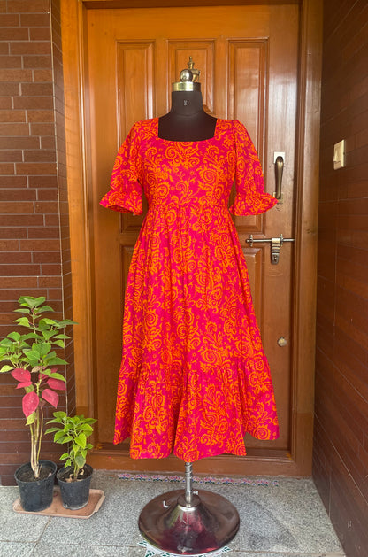 Pink with Orange Print Cotton Midi Dress