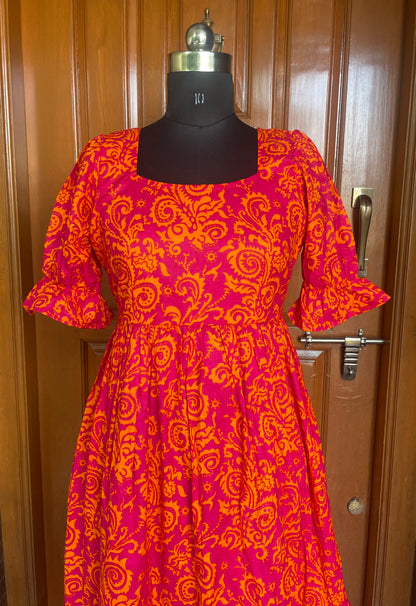 Pink with Orange Print Cotton Midi Dress