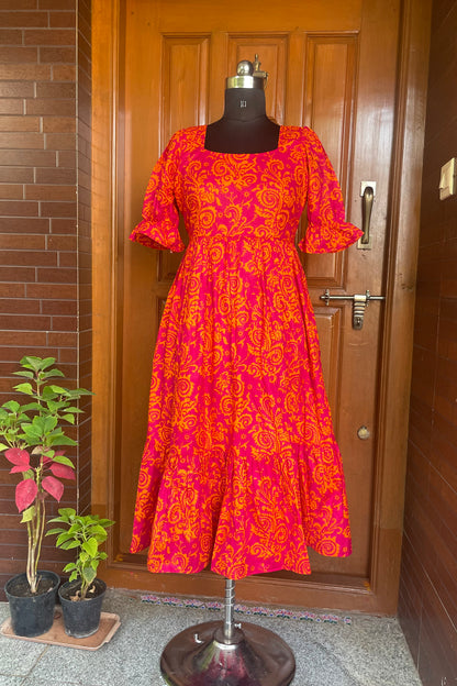 Pink with Orange Print Cotton Midi Dress