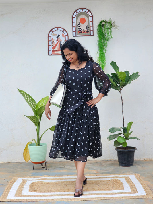 Black polka dots A line dress