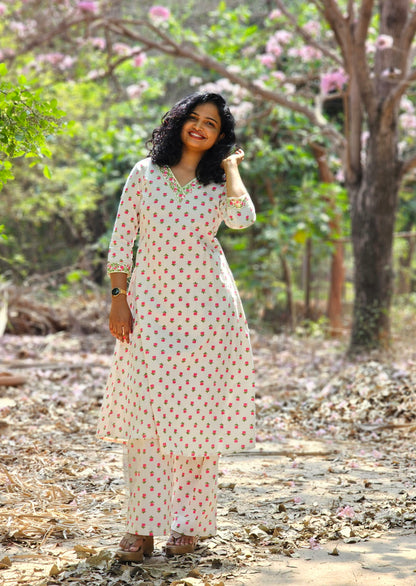 Rose Buds White Co-Ord Kurta Set