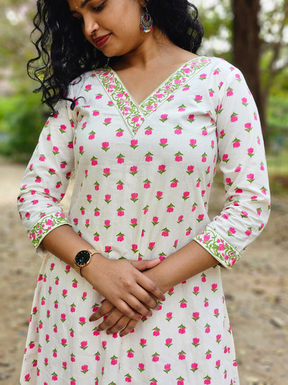 Rose Buds White Co-Ord Kurta Set