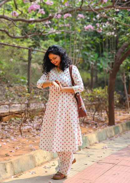 Rose Buds White Co-Ord Kurta Set