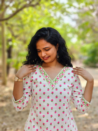 Rose Buds White Co-Ord Kurta Set
